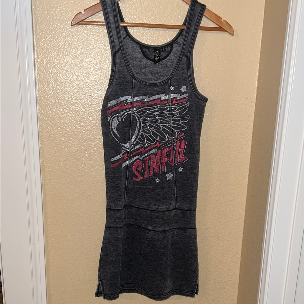 Sinful Charcoal Tank Dress with Winged Heart Graphic